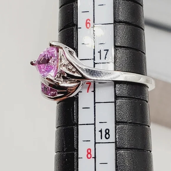 10k Solid White Gold Trillion Pink Sapphire & Diamond Accent Ring - Picture 4 of 4